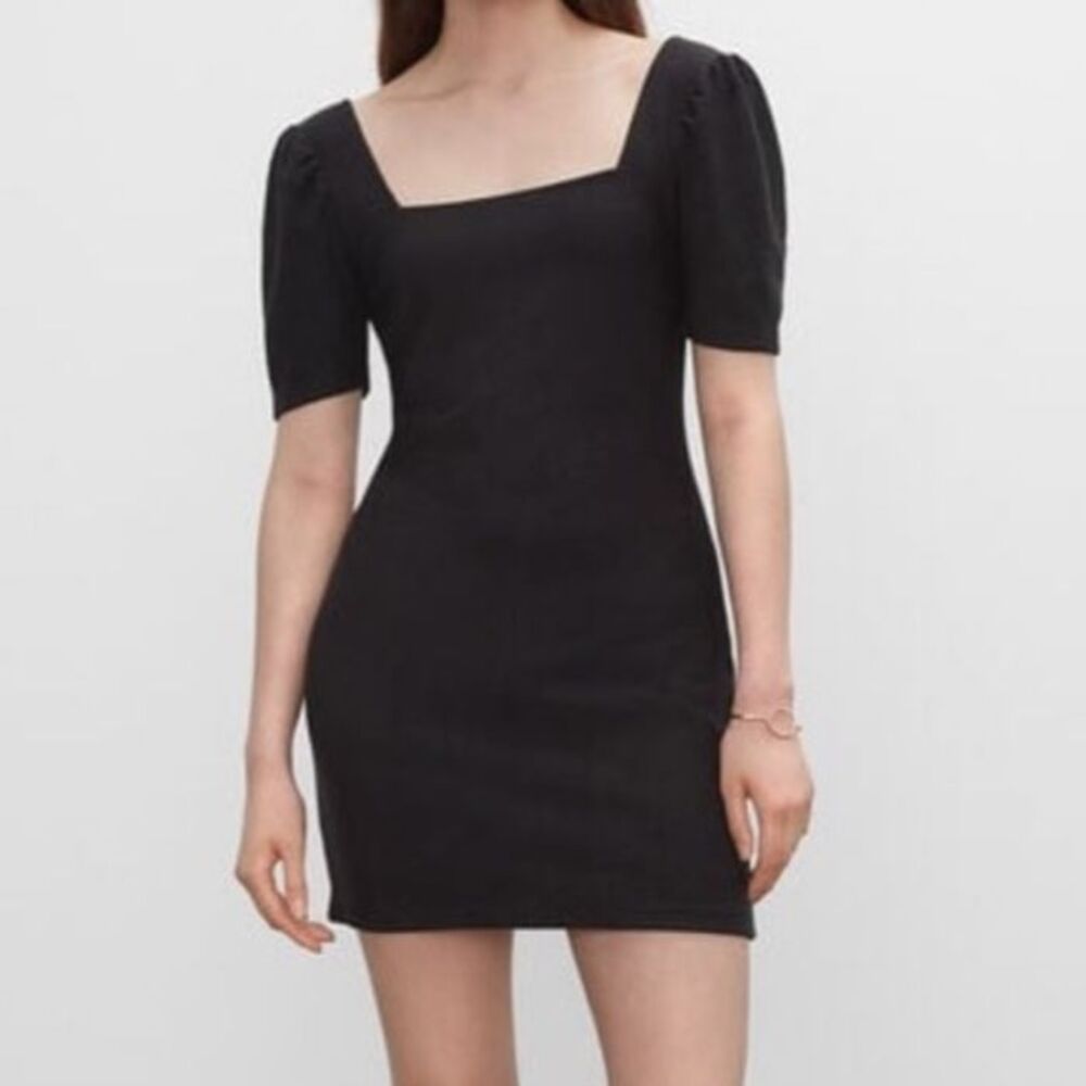 Club Monaco Ribbed Knit Puff Sleeve Black Mini Dress Sweater Square Neck XS EUC